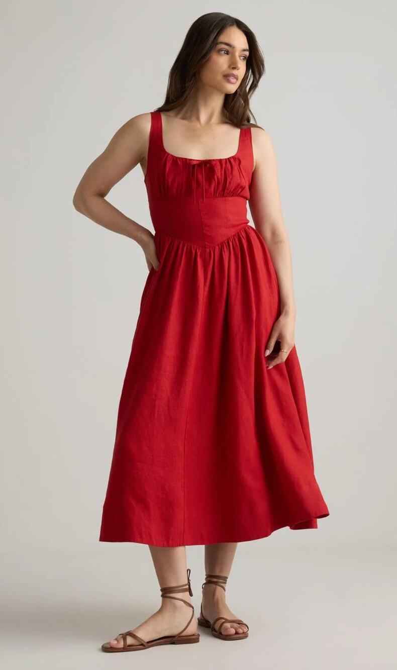 QUINCE Red 100% European Linen Corset Midi Dress Size L